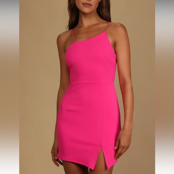 Lulu’s Party for Two Hot Pink Asymmetrical Bodycon Mini Dress - Picture 1 of 6